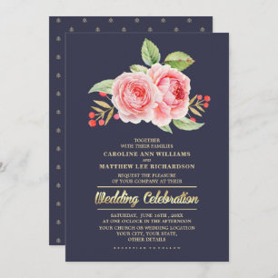 Watercolor Floral Navy Blue Wedding Invitation