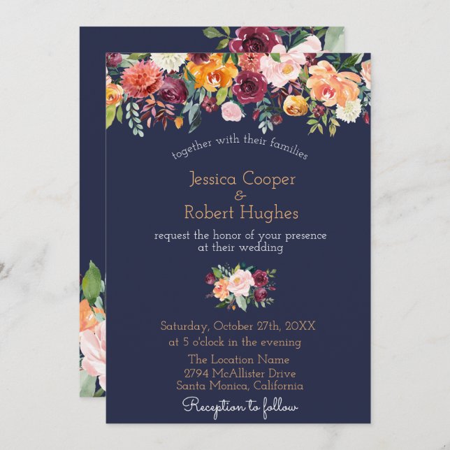 Watercolor Floral Navy Blue Wedding Invitation (Front/Back)