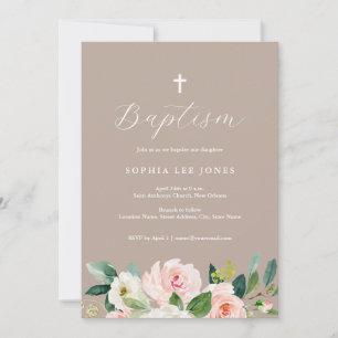 Watercolor Floral Neutral Baptism Invitation