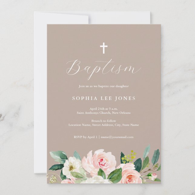 Watercolor Floral Neutral Baptism Invitation (Front)