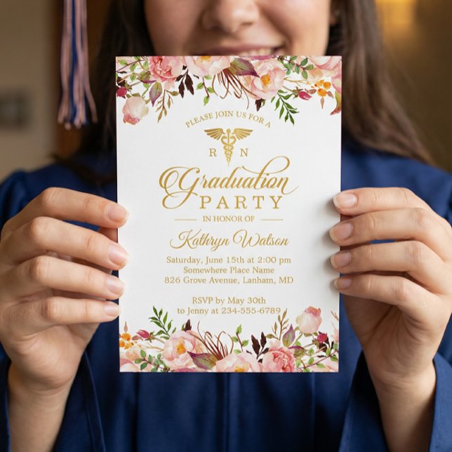 Watercolor Floral Nurse Graduate Photo Graduation Invitation (Creator Uploaded)