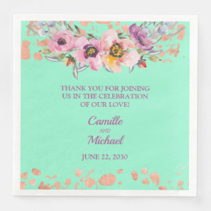 Watercolor Floral on Neo Mint with Rose Gold Napkin