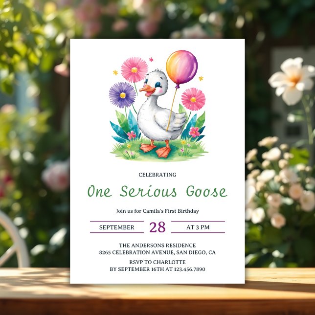 Watercolor Floral One Serious Goose First Birthday Invitation (Watercolor Floral One Serious Goose First Birthday Invitation)