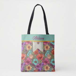 Watercolor Floral Orange Aqua Cream Rose Botanical Tote Bag