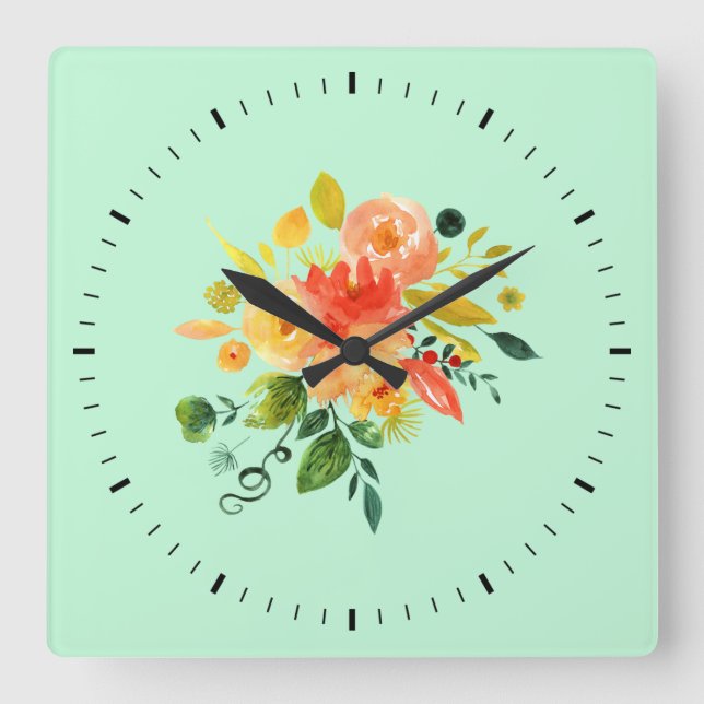 Watercolor floral orange square wall clock (Front)