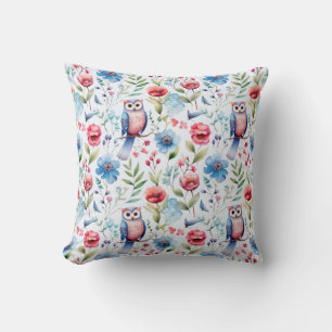 Watercolor Floral Owl Seamless Pattern Cushion
