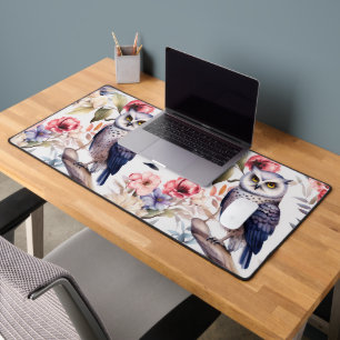 Watercolor Floral Owl Seamless Pattern Desk Mat