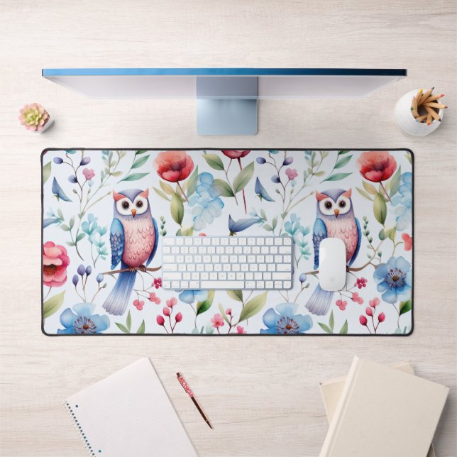 Watercolor Floral Owl Seamless Pattern Desk Mat (Office 1)