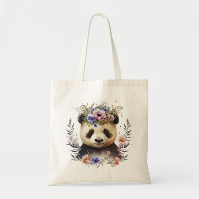 Watercolor Floral Panda Cute Tote Bag (Front)
