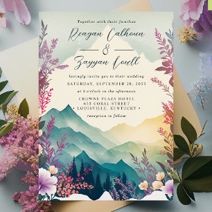 Watercolor Floral Pastel Spring Mountains Wedding Invitation