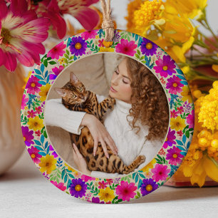 Watercolor Floral Pattern Best Cat Mom Photo Ceramic Tree Decoration
