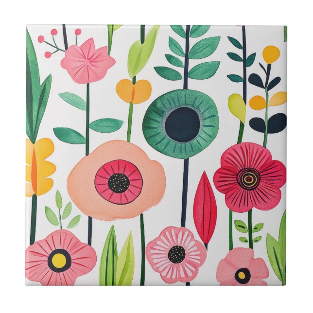Watercolor Floral Pattern Colourful Tile (Front)