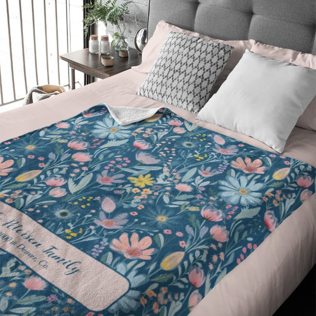 Watercolor floral pattern family name personalised fleece blanket (Creator Uploaded)