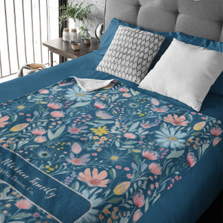 Watercolor floral pattern family name personalised fleece blanket