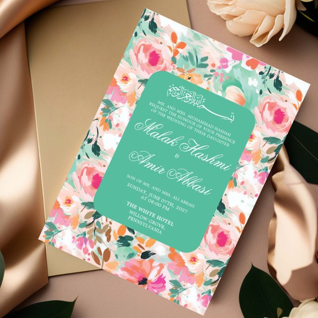 Watercolor Floral  Pattern Islamic Muslim Wedding Invitation (Creator Uploaded)