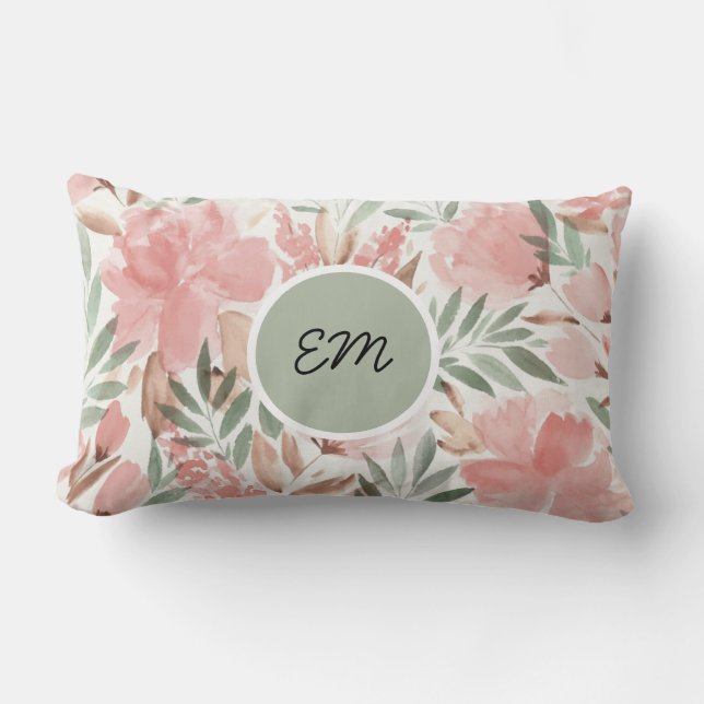 Watercolor Floral Pattern Monogram Lumbar Cushion (Front)