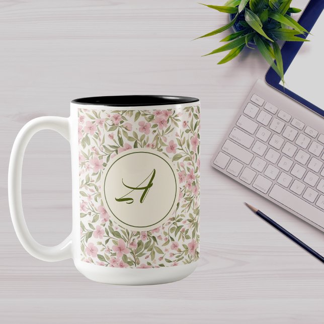 Watercolor  Floral Pattern Monogram Two-Tone Coffee Mug (Creator Uploaded)