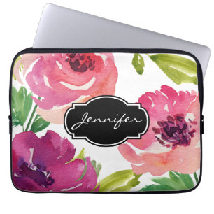 Watercolor Floral Pattern Monogrammed Laptop Sleeve