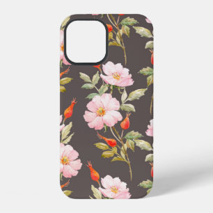 Watercolor floral pattern of dog rose and red berr iPhone 12 case