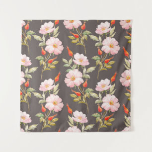 Watercolor floral pattern of dog rose and red berr tapestry