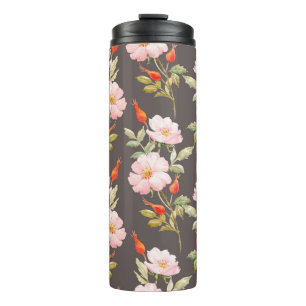 Watercolor floral pattern of dog rose and red berr thermal tumbler
