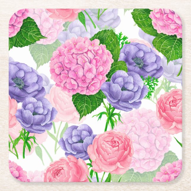 Watercolor floral pattern square paper coaster (Front)