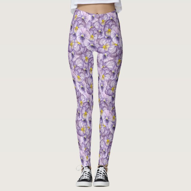 Watercolor floral pattern with violet pansies leggings (Front)