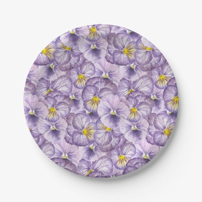 Watercolor floral pattern with violet pansies paper plate (Front)