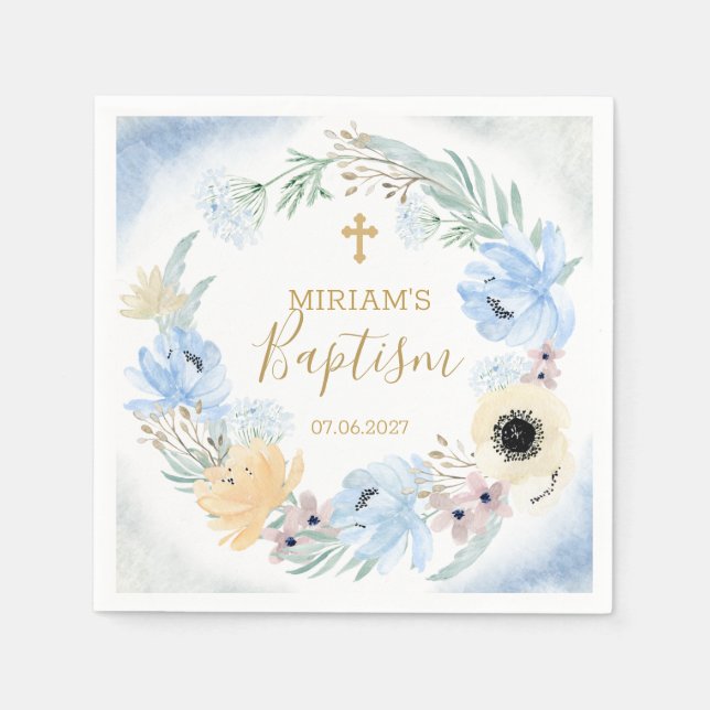 Watercolor Floral Peach Blue Baptism Paper Napkin (Front)