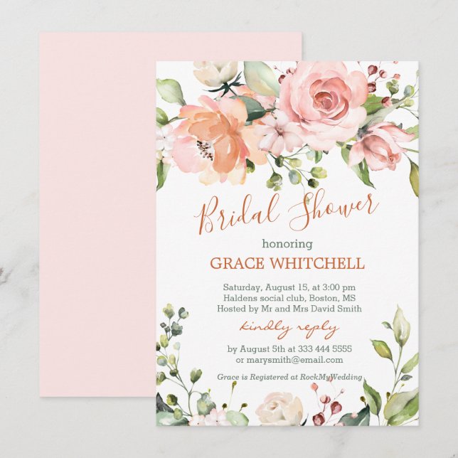 Watercolor floral peach pink roses Bridal Shower Invitation (Front/Back)