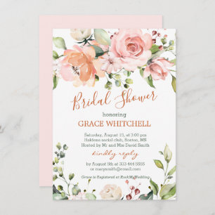 Watercolor floral peach pink roses Bridal Shower Invitation