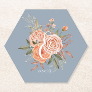 Watercolor Floral Peach Roses Dusty Blue Pink Paper Coaster