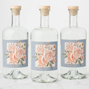 Watercolor Floral Peach Roses Dusty Blue Wedding Liquor Bottle Label