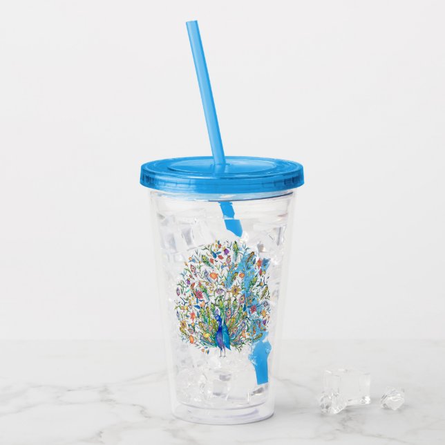 Watercolor floral peacock  acrylic tumbler (Front Ice)