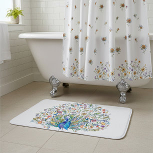 Watercolor floral peacock  bath mat