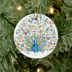 Watercolor floral peacock  ceramic tree decoration