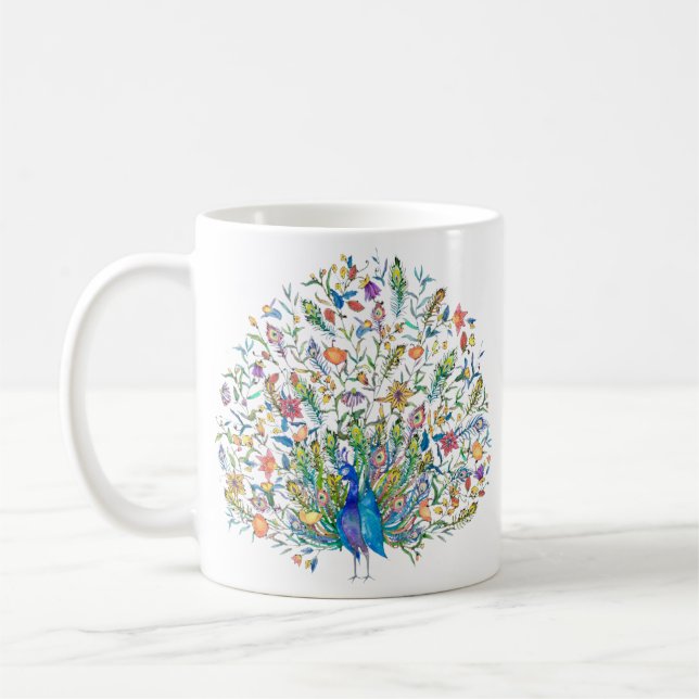 Watercolor floral peacock  coffee mug (Left)