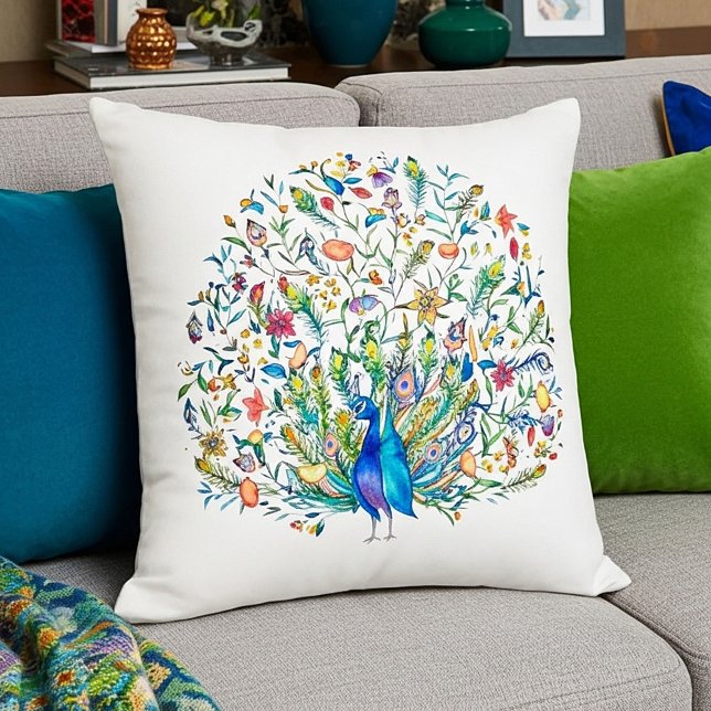 Watercolor floral peacock  cushion (Creator Uploaded)