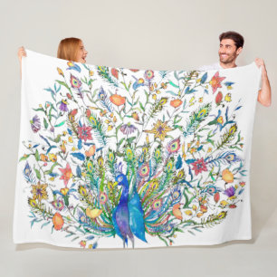 Watercolor floral peacock fleece blanket
