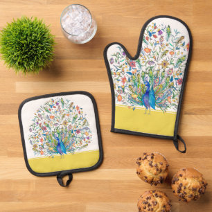 Watercolor floral peacock kitchen oven mitt & pot holder set