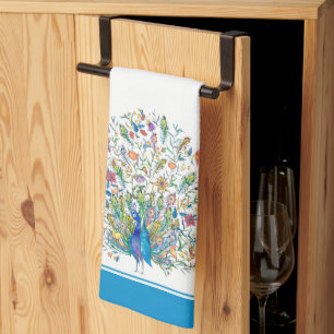 Watercolor floral peacock  kitchen towel