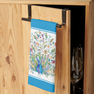 Watercolor floral peacock kitchen towel