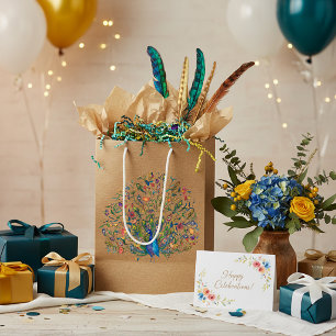 Watercolor floral peacock  medium gift bag