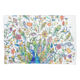 Watercolor floral peacock  pillowcase