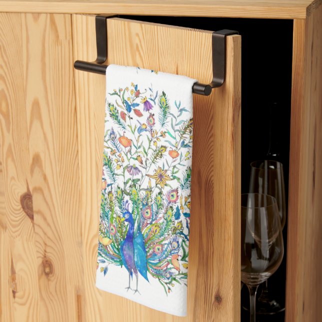 Watercolor floral peacock  tea towel (Thirds Fold)