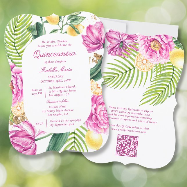 Watercolor Floral Peonies QR Code Quinceañera Invitation (Creator Uploaded)