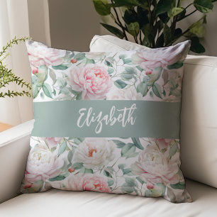 Watercolor Floral Peonies Script Name Pink Green Cushion