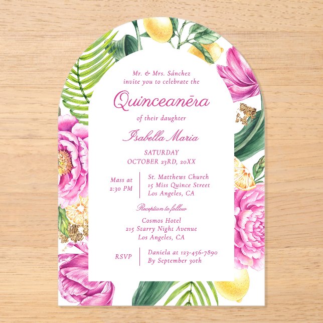 Watercolor Floral Peonies Tulips Lemon Quinceañera Acrylic Invitations (Front)