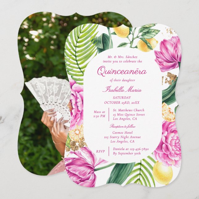 Watercolor Floral Peonies Tulips Lemon Quinceañera Invitation (Front/Back)