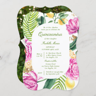 Watercolor Floral Peonies Tulips Lemon Quinceañera Invitation